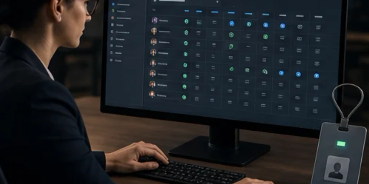 Access control with roles, groups, a permission matrix, and protected objects