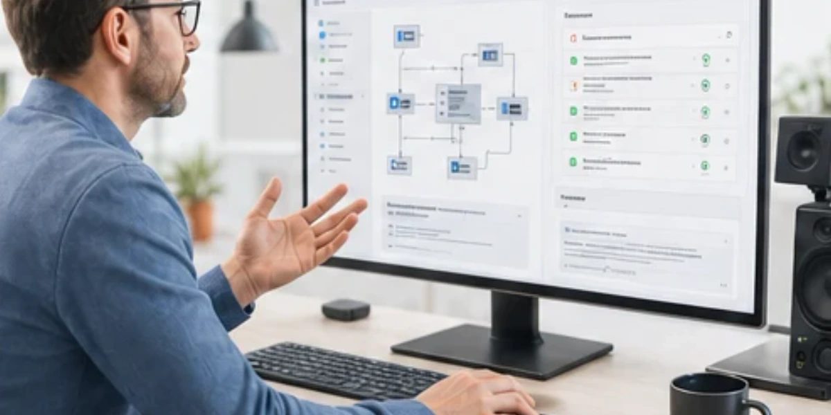 The AI assistant receives a voice request and prepares a reviewable architecture change plan