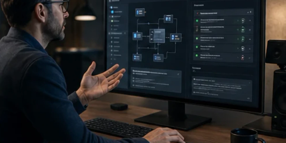 The AI assistant receives a voice request and prepares a reviewable architecture change plan