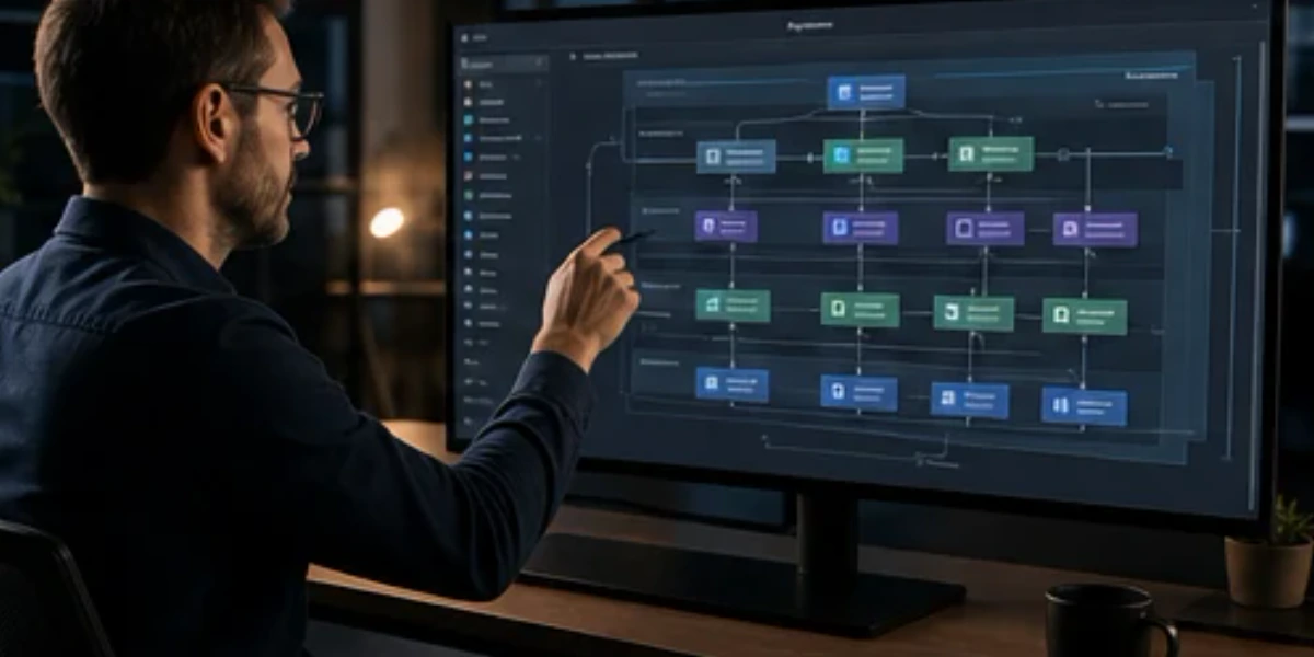 An architect designs a SysCraft model with C4 elements, relationships, and context