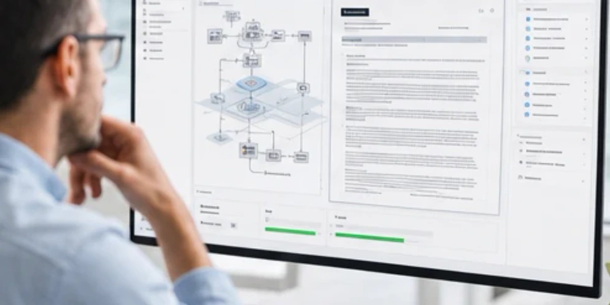 An architecture model becomes specifications, diagrams, and documents
