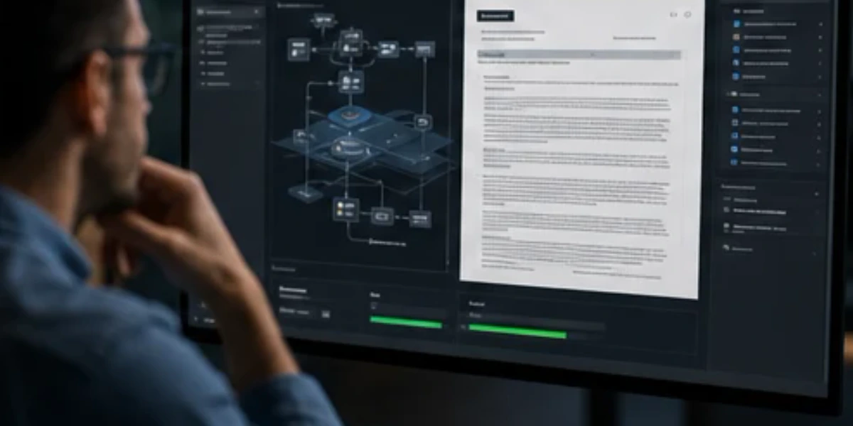 An architecture model becomes specifications, diagrams, and documents