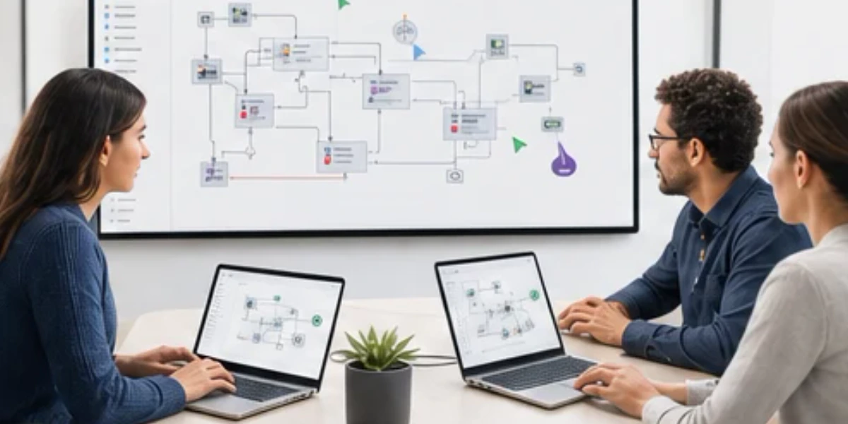 Several participants work on one diagram with live cursors and presence indicators