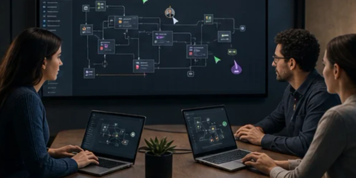 Several participants work on one diagram with live cursors and presence indicators